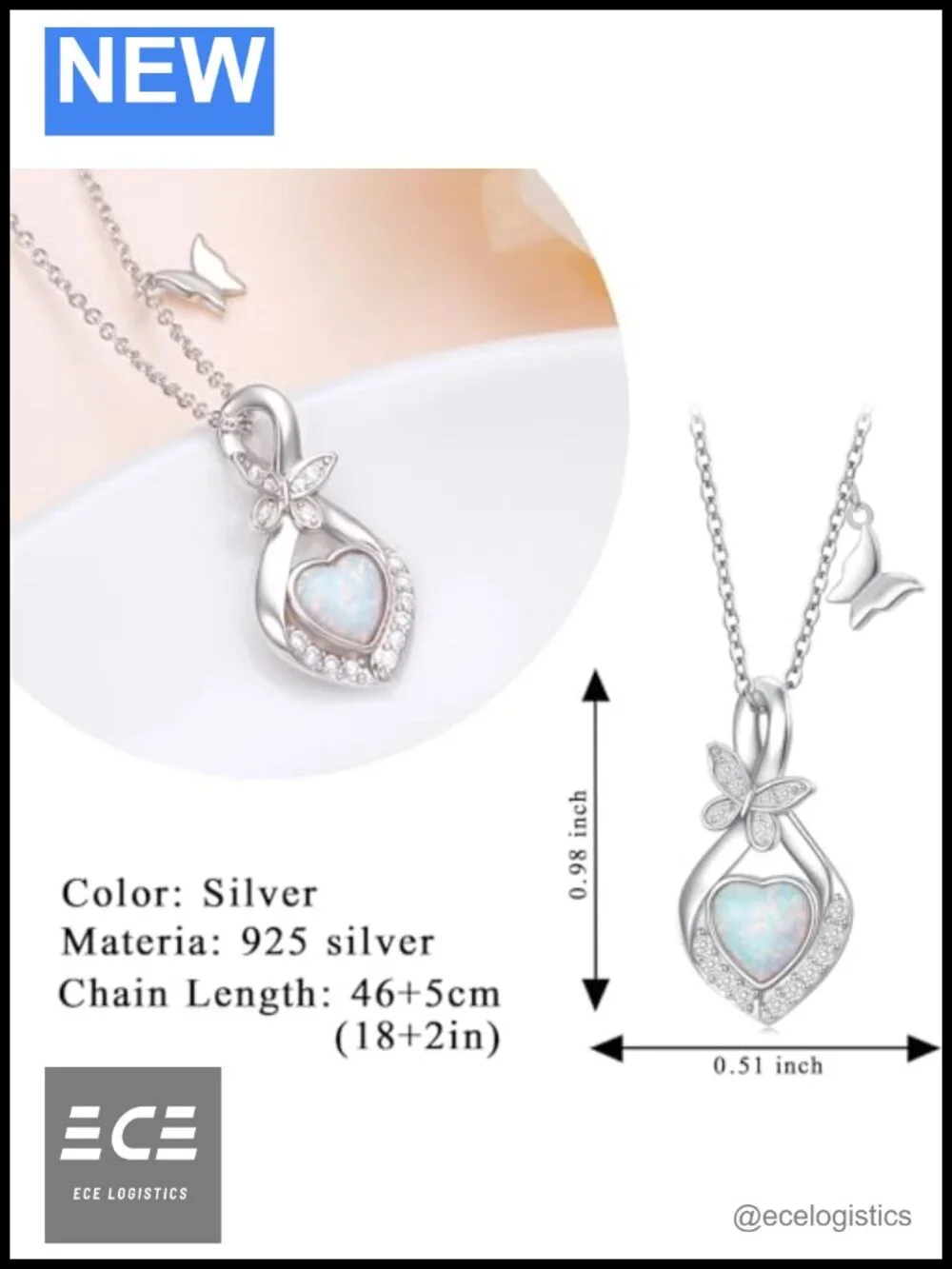Sterling Silver Butterfly Heart Opal Infinity Necklace Women 18+2 Chain
